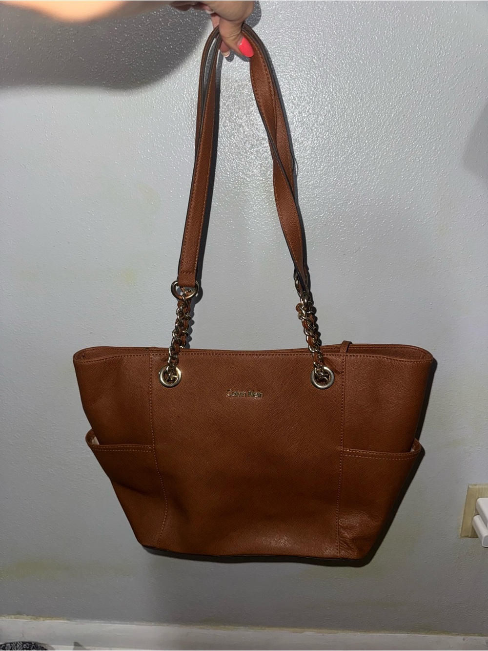 Calvin Klein Tan Leather Chain-Accent Tote
